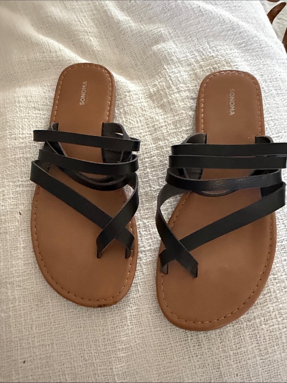 Sonoma Black Multi strap toe Slide Sandals with Tan Footbed size 9